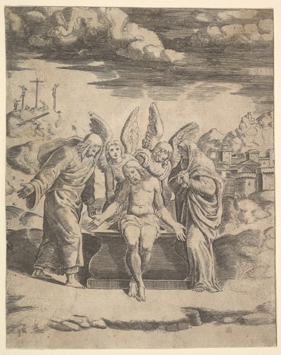 Kristus satt på graven understödd av änglar, 1530-60. av Master of the Die