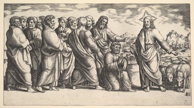 Kristus står till vänster och indikerar för en flock får, framför honom knäböjer St. Peter hol..., 1530-60. av Master of the Die