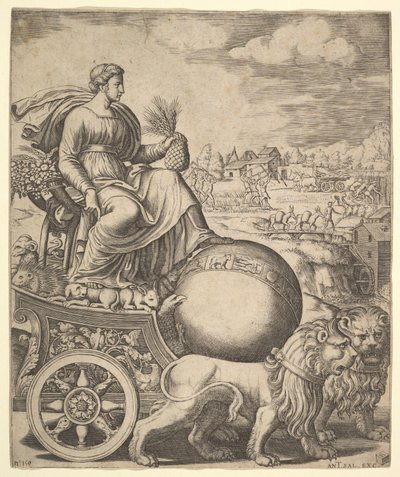 Cybele i sin vagn dragen av två lejon, 1530-60. av Master of the Die