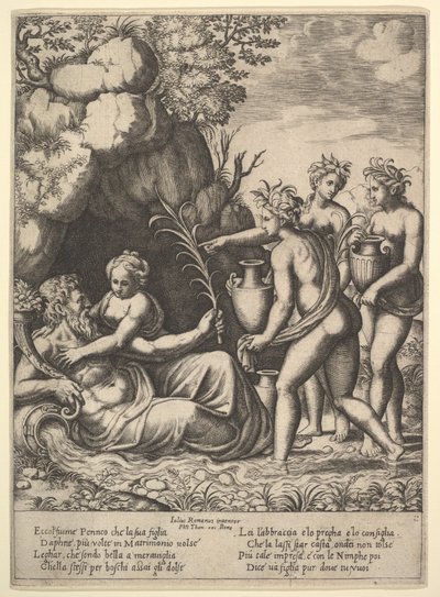 Daphne omfamnar sin far, flodguden Peneus, till vänster kommer tre nymfer med burkar ..., 1530-60. av Master of the Die