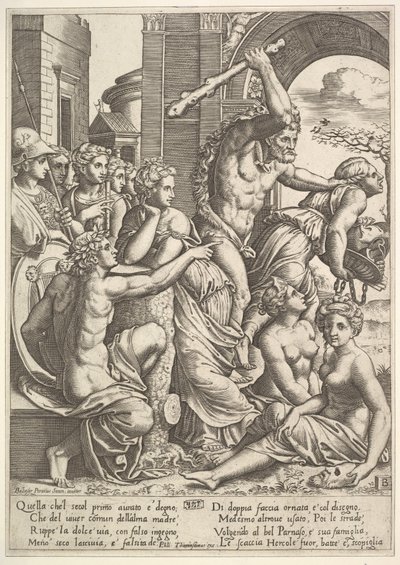 Avund eller girighet till höger drivs bort från musernas tempel av Herkules som ..., 1530-60. av Master of the Die