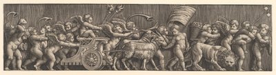 Frisarrangemang som skildrar kärlekens triumf, Amor i en vagn ledd av getter, man..., 1530-60. av Master of the Die