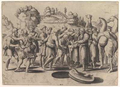 Joseph i mitten säljs av sina bröder som står ovanför en brunn, kameler till höger, 1533. av Master of the Die