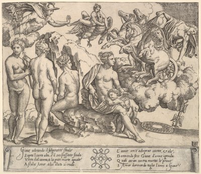 Jupiter tumlar från en häst och vagn till höger, Ganymedes i form av en örn..., 1530-60. av Master of the Die