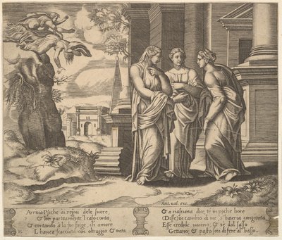 Tavla 15: Psyche relaterar sina olyckor till sina systrar, från The Fable of Psyche, 1530-60. av Master of the Die