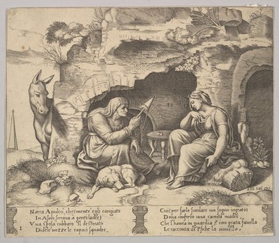 Plåt 1: Apuleius förvandlades till en åsna som lyssnade på historien berättad av den gamla kvinnan sp..., 1520-70. av Master of the Die