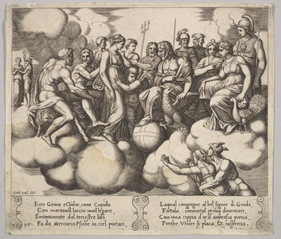 Platta 30: Venus och Amor vädjar om sin sak i närvaro av Jupiter och andra gudar..., 1530-60. av Master of the Die