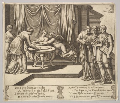 Tavla 8: Psyche sittande vid ett bord och deltog av osynliga tjänare, Eros bredvid g..., 1530-60. av Master of the Die
