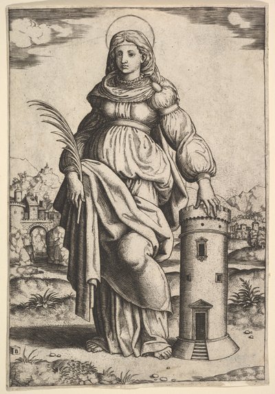 Saint Barbara stående, handflatan i höger hand, vilande sin vänstra hand på ett torn, 1530-60. av Master of the Die