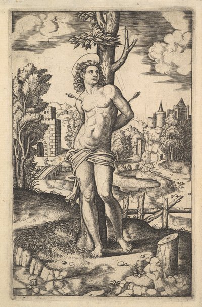 Sankt Sebastian bunden till ett träd genomborrat av pilar, 1530-60. av Master of the Die