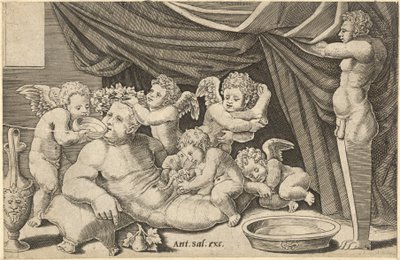 Mirror of Roman Magnificence: Bacchus Omgiven av Putti med Priapus som håller ..., 1500-talet. av Master of the Die