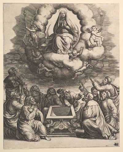 Jungfruns antagande, nedanför apostlarna omger graven, 1530-60. av Master of the Die
