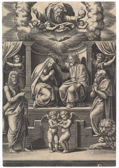 Jungfruns kröning, nere till vänster står Johannes Döparen, nere till höger ..., 1530-60. av Master of the Die