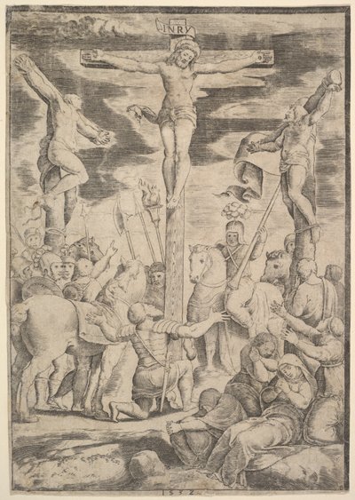 Centurionens omvändelse som slår upp sina armar inför Kristus på korset, 1532. av Master of the Die