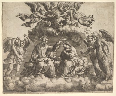 Jungfruns kröning, Kristus håller kronan över sitt huvud, Gud Fadern välsigne..., 1532. av Master of the Die