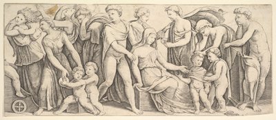 Bröllopet av Jason och Creusa, till vänster Medea tar hennes barn, 1530-60. av Master of the Die