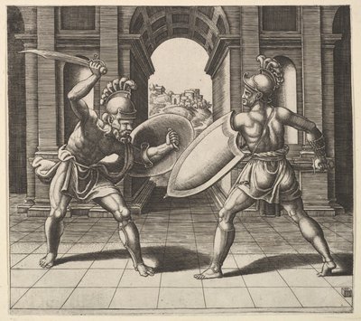 Två gladiatorer slåss framför en båge, 1530-60. av Master of the Die