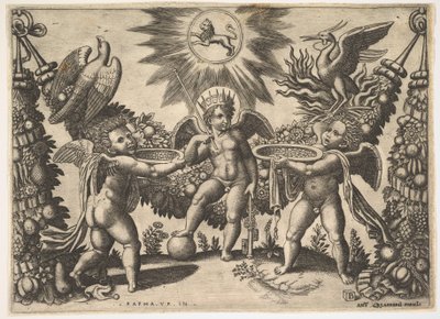 Två putti presenterar bägare fulla av guld till en putto i skepnad av rikedomens gud..., ca. 1530-40. av Master of the Die