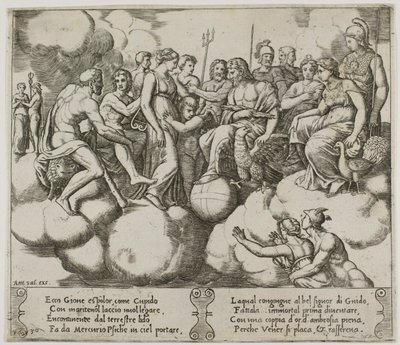 Venus och Amor vädjar om sin sak i närvaro av Jupiter och andra gudar av Master of the Die