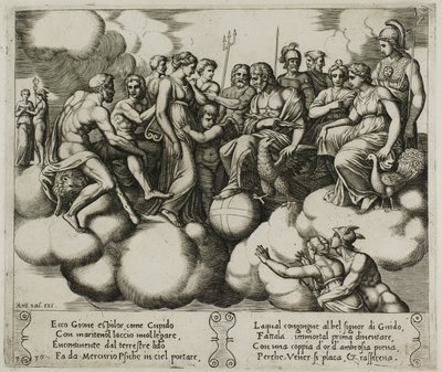 Venus och Amor vädjar om sin sak i närvaro av Jupiter och andra gudar av Master of the Die