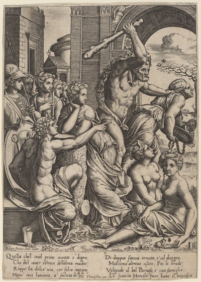 Avund driven från musernas tempel av Master of the Die after Baldassare Peruzzi