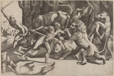 Fem män som slåss vid odjur av Master of the Die after Giulio Romano