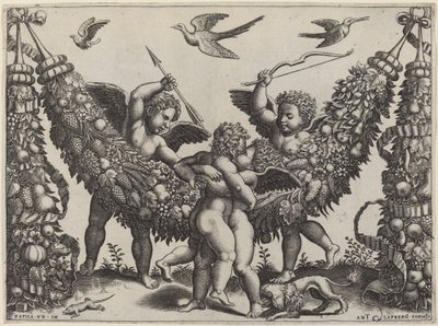 Två Putti...slår en annan som klämmer ett barn av Master of the Die after Raphael