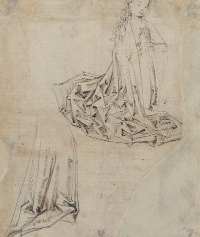 Kvinnlig figur som knäböjer i bön [verso] av Master of the Drapery Studies
