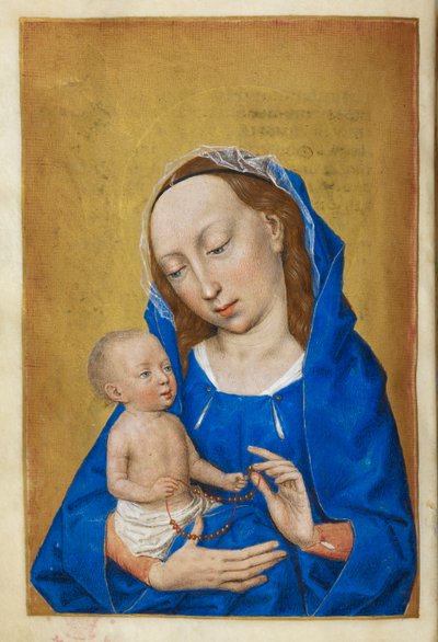 Jungfruns timmar i advent. Jungfrun och barnet leker med ett pärlhalsband. av Master of the Dresden Prayer Books