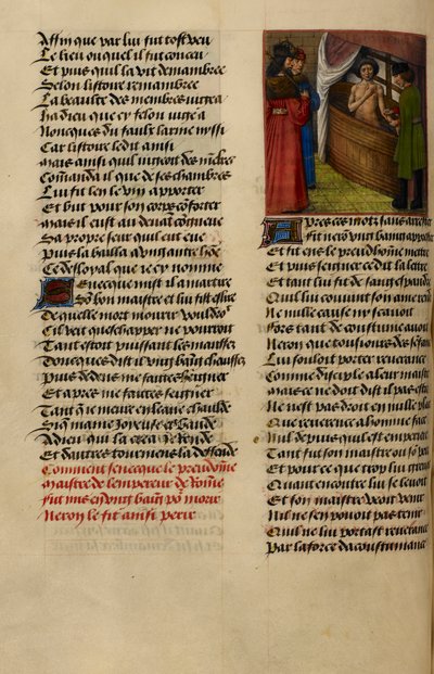 Miniatyr visar Nero titta på Senecas handleder skäras i hans bad från "Le Roman de la Rose" av Master of the Dresden Prayer Books