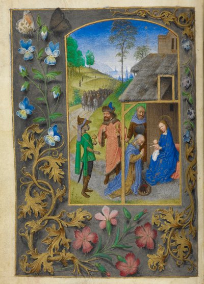 Tillbedjan av de vise männen. av Master of the Dresden Prayer Books