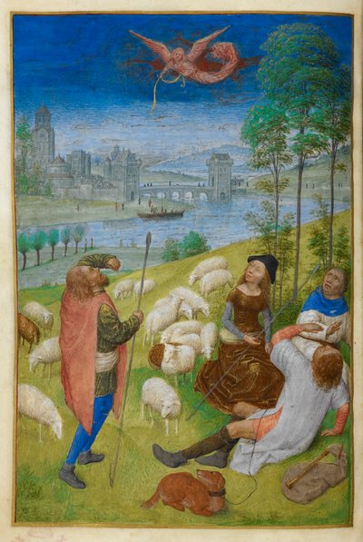 Bebådelsen till herdarna. av Master of the Dresden Prayer Books