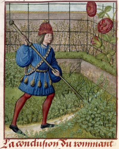 Älskaren, i trädgården, sköter rosen. av Master of the Dresden Prayer Books