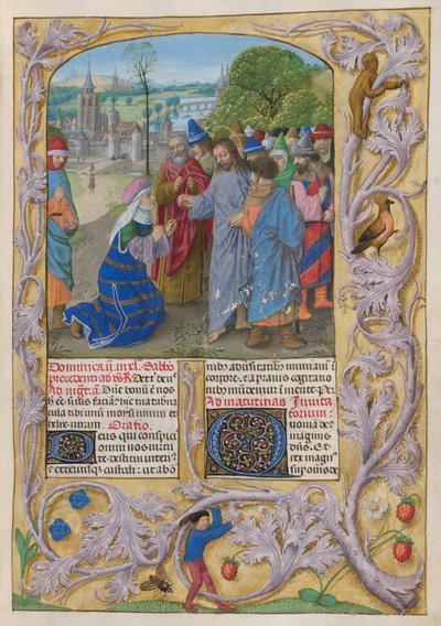 The Temporale; Fastan II. Kanaans kvinna vädjar till Kristus att driva ut djävulen från sin dotter. Text med dekorerade initialer 