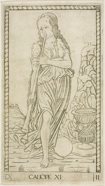 Calliope, tallrik elva från Apollo and the Muses av Master of the E Series Tarocchi