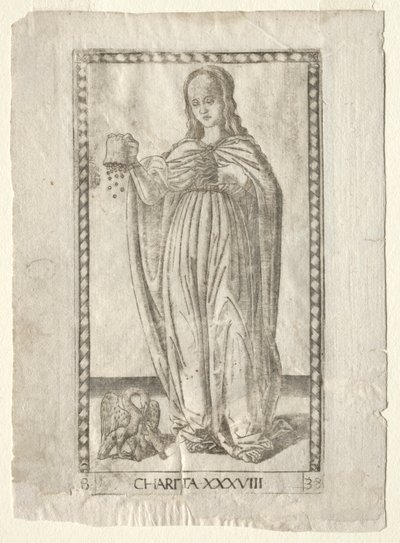 Välgörenhet från Tarocchi, serie B: Cosmic Principles & Virtues, #38, före 1467. av Master of the E Series Tarocchi