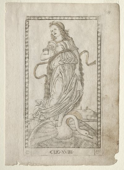 Clio-historia från Tarocchi-serien D: Apollo and the Muses, #19, före 1467. av Master of the E Series Tarocchi
