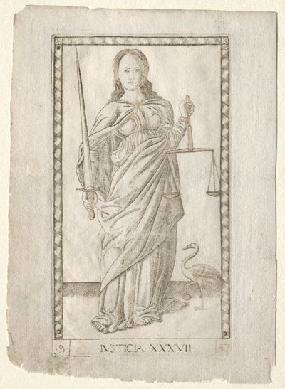 Rättvisa från Tarocchi, serie B: Cosmic Principles & Virtues, #37, före 1467. av Master of the E Series Tarocchi