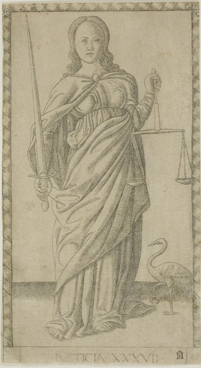Justice, skylt 37 från Genii and Virtues av Master of the E Series Tarocchi