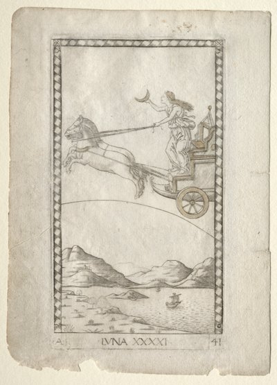 Luna från Tarocchi, serie A: Firmaments of the Universe, #41, före 1467. av Master of the E-Series Tarocchi