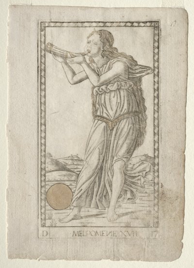 Melpomene-tragedi från Tarocchi-serien D: Apollo and the Muses, #17, före 1467. av Master of the E Series Tarocchi