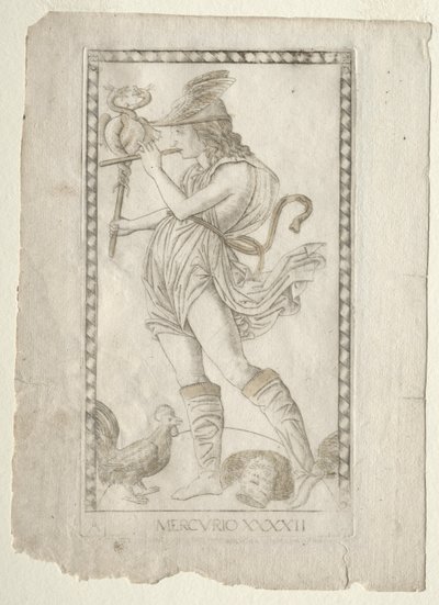 Mercury from the Tarocchi, serie A: Firmaments of the Universe, #42, före 1467. av Master of the E Series Tarocchi
