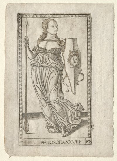 Filosofi från Tarocchi, serie C: Liberal Arts, #28, före 1467. av Master of the E Series Tarocchi