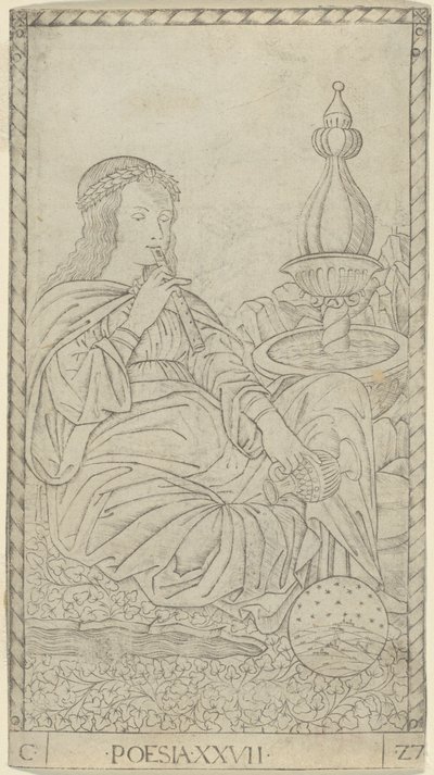 Poesi, tavla 27 från Arts and Sciences av Master of the E Series Tarocchi