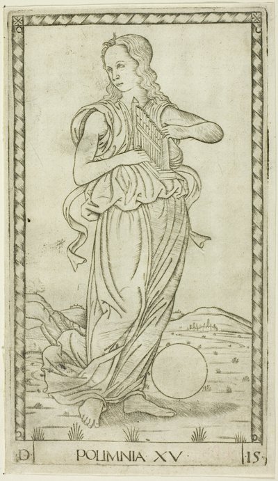 Polyhymnia, tavla femton från Apollo and the Muses av Master of the E-Series Tarocchi