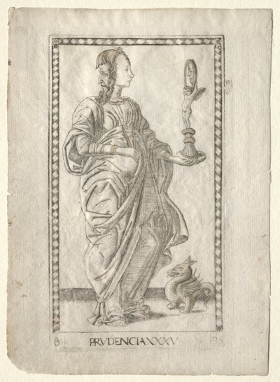 Prudence från Tarocchi, serie B: Cosmic Principles & Virtues, #35, före 1467. av Master of the E Series Tarocchi