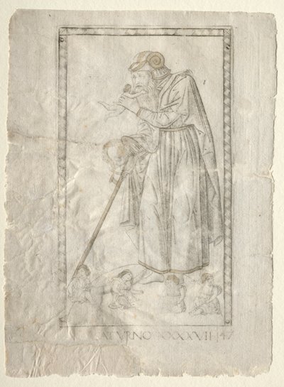 Saturnus från Tarocchi, serie A: Universums firmament, #47, före 1467. av Master of the E Series Tarocchi