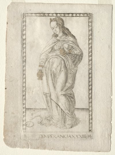Temperance från Tarocchi, serie B: Cosmic Principles & Virtues, #34, före 1467. av Master of the E Series Tarocchi