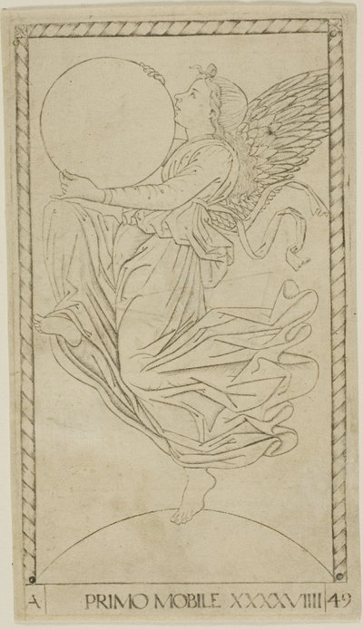 The Angel of the Ninth Sphere, eller Primum Mobile, skylt 49 från Planets and Spheres av Master of the E Series Tarocchi