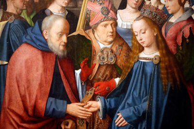 Evora Museum. Evoras altartavla mästare. Jungfruns och Josefs bröllop. Olja på panel. Flamländska skolan 1500. Portugal. av Master of the Evora Altarpiece